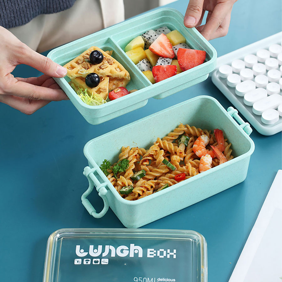 麥秸長方形雙層飯盒